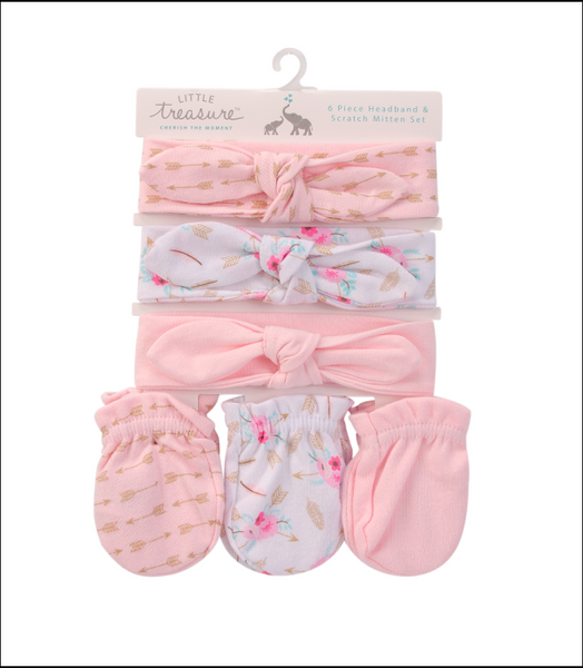 Little Treasure Infant Girl Cotton Headband and Scratch Mitten 6pc Set