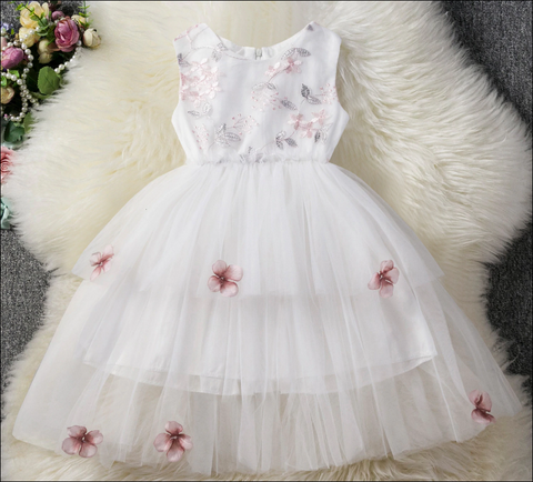 Girls Flower Lace Tulle Dress - White with Pink Flowers