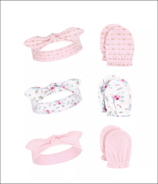 Little Treasure Infant Girl Cotton Headband and Scratch Mitten 6pc Set