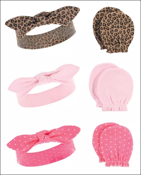 Hudson Baby Infant Girl Cotton Headband and Scratch Mitten 6pc Set