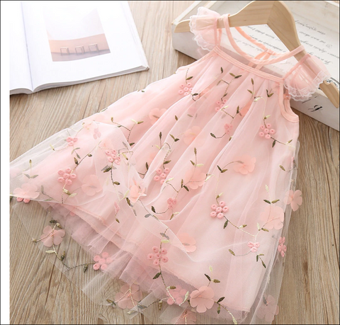 Girls Flower Lace Tulle Dress - Pink Flowers