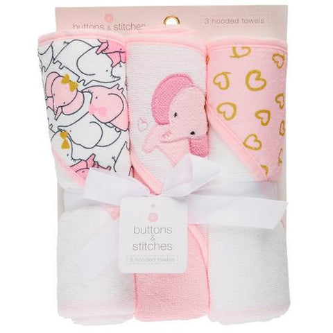 Buttons & Stitches, Elephant Hooded Towels - Pink