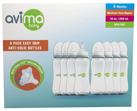 Avima - Anti Colic Infant Bottles, BPA Free, Wide Neck with Fast Flow Nipples - 10oz