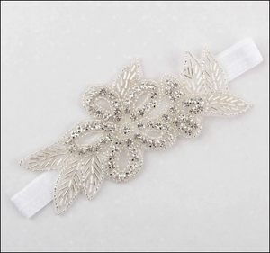 Flower Leaf Christening Bridal Elastic Headband Rhinestone - White
