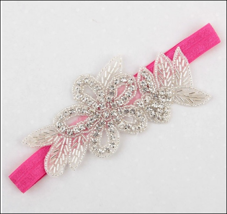 Flower Leaf Christening Bridal Elastic Headband Rhinestone - Pink