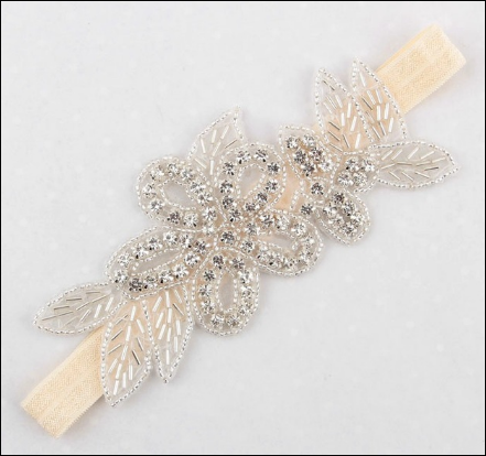 Flower Leaf Christening Bridal Elastic Headband Rhinestone - Ivory