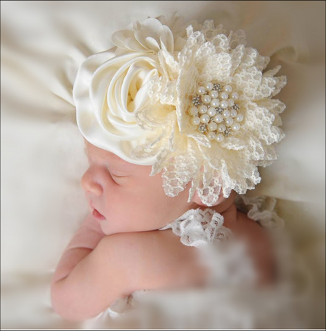 Newborn Infant Pearl Flowers With Lace wide Headbands