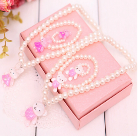 Pearl Necklace, Ring & Bracelets For Girls - Bear