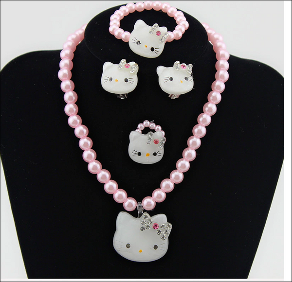 Hello Kitty Necklace Imitation Pearl Beads Jewelry Set - Pink