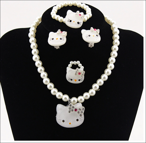 Hello Kitty Necklace Imitation Pearl Beads Jewelry Set - White