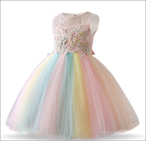 Girls Flower Dress Lace Rainbow