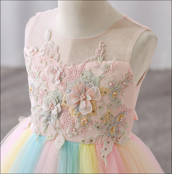 Girls Flower Dress Lace Rainbow