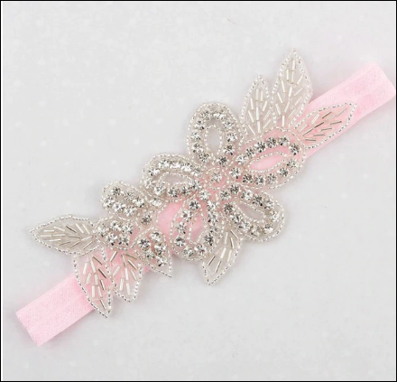 Flower Leaf Christening Bridal Elastic Headband Rhinestone - Light Pink