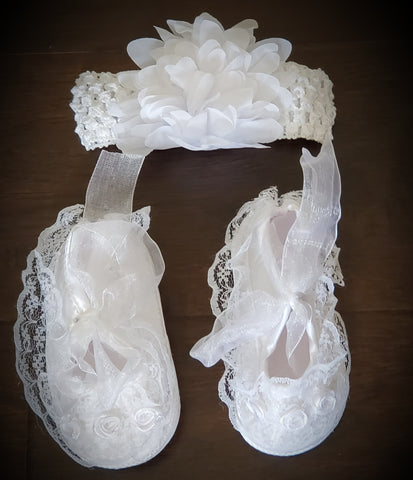 Baptism Christening Shoes and Headband Set for Baby Girl