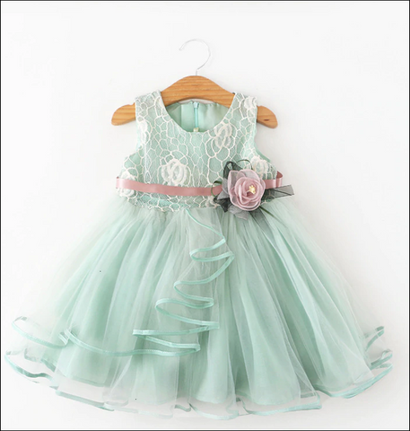 Girls Flower Lace Tulle Dress - Green