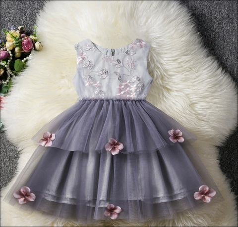 Girls Flower Lace Tulle Dress - Blue with Pink Flowers