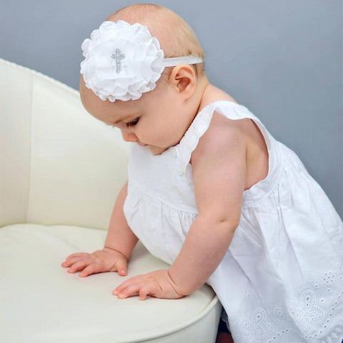 White Baby Bow Headband for Baptism Christening