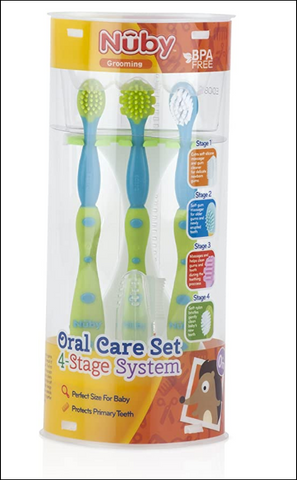 Nuby 4-Stage Oral Care Set with 1 Silicone Finger Massager, 2 Massaging Brushes, 1 Nylon Bristle Toddler Tooth Brush