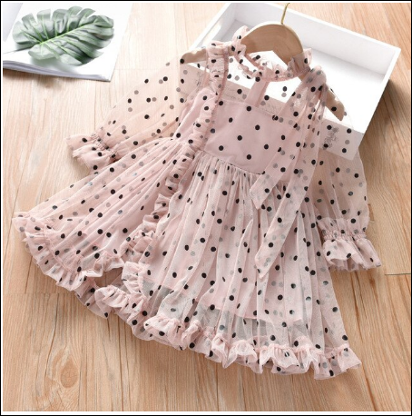 Girls Flower Lace Tulle Dress - Pink polka dot