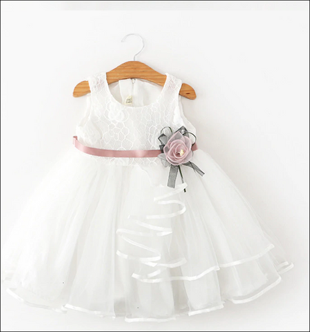 Girls Flower Lace Tulle Dress - White